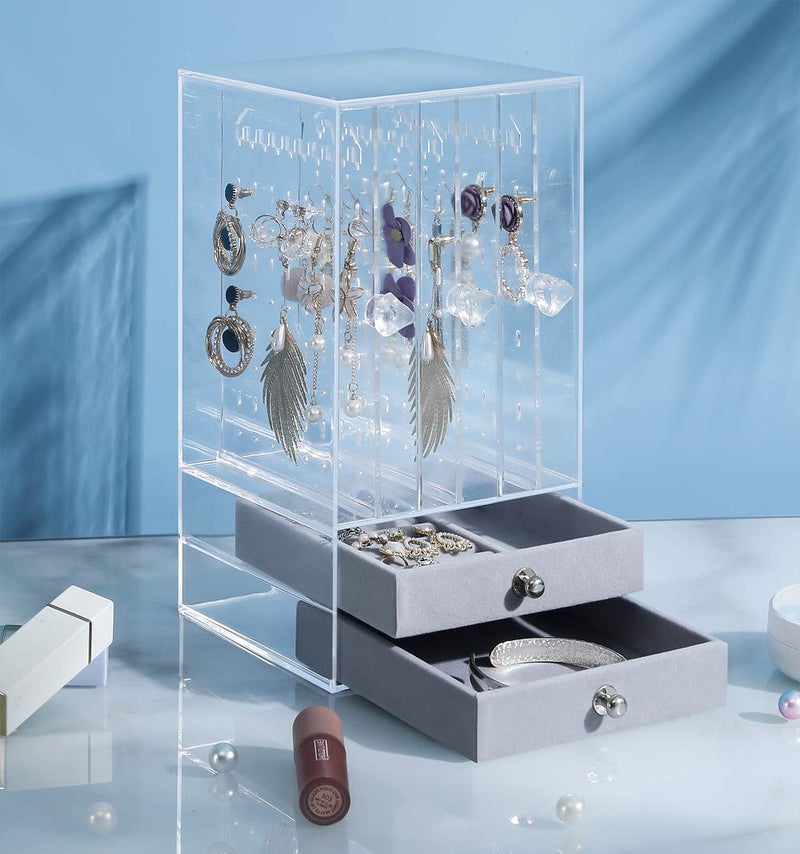 Sooyee Clear Acrylic Jewelry Storage Box,3 Vertical Drawer Earrings Display Stand Holder, Transparent 216 Holes 33 Grooves Screen Hanger Organizer for Stud Earring and Necklace,Dustproof - Image 3